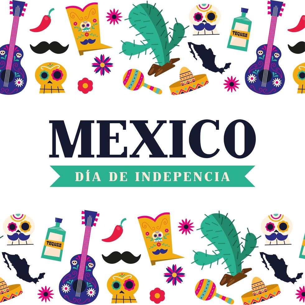 celebração do dia da independência do México com ícones vetor