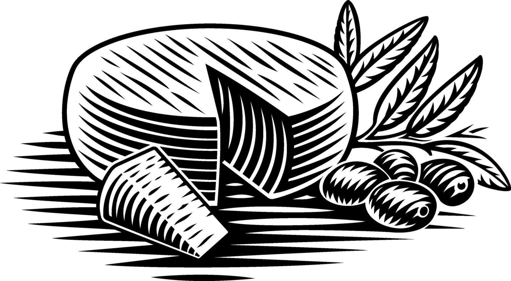 ilustração em vetor preto e branco de um pedaço de queijo em estilo de gravura em fundo branco