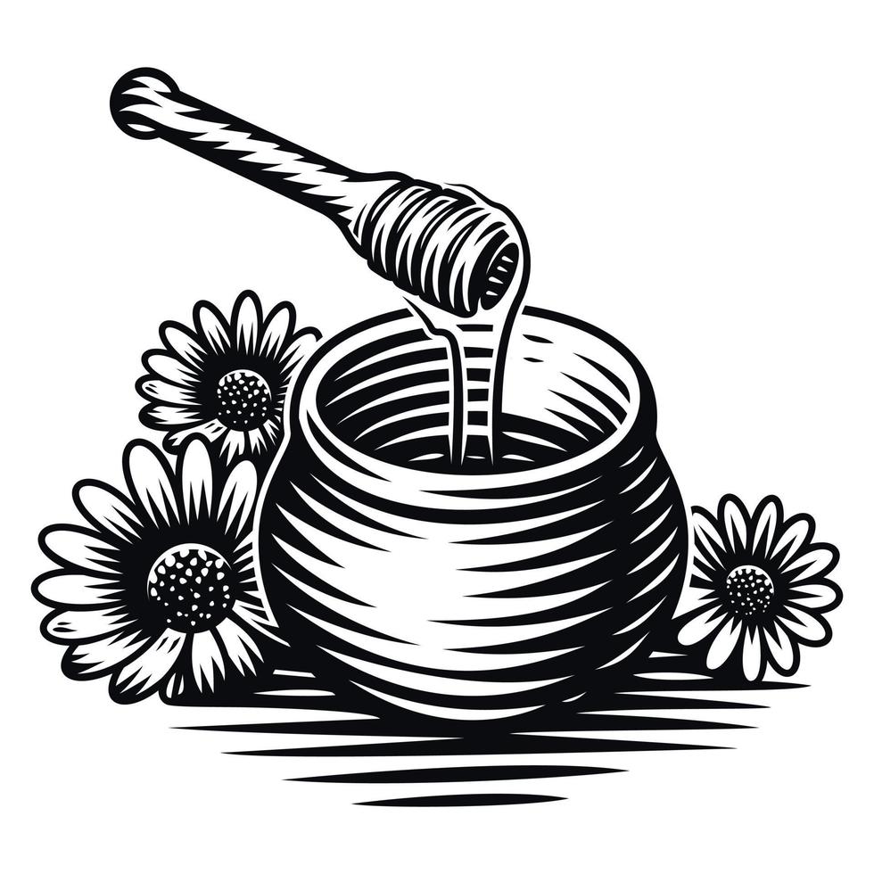 ilustração em vetor preto e branco de um pote de mel em gravura de estilo em fundo branco