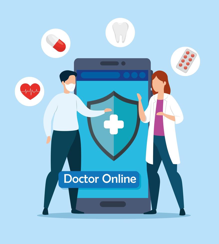 tecnologia online médico com smartphone e ícones vetor