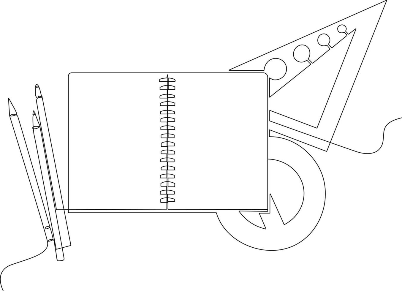 contínuo 1 linha desenhando papelaria suprimentos e livro. escola e escritório suprimentos conceito. solteiro linha desenhar Projeto vetor gráfico ilustração.