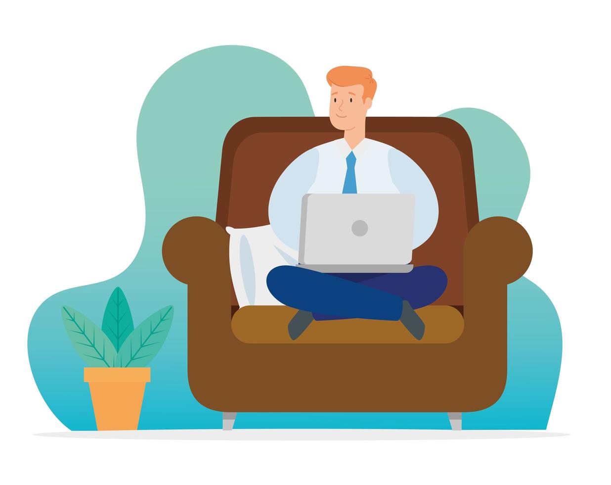 homem trabalhando em casa com laptop no sofá vetor