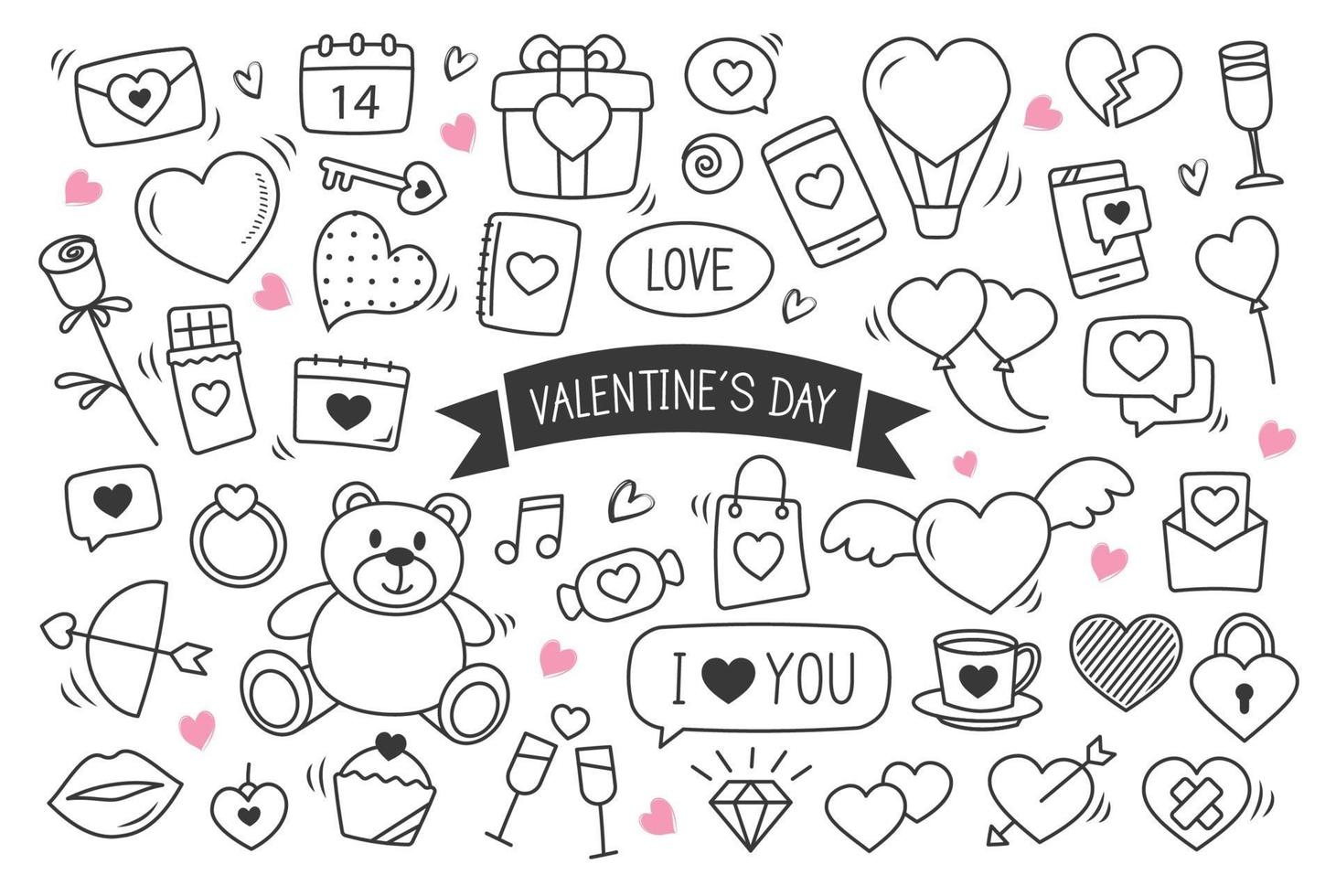 dia dos namorados desenhado à mão doodles objetos e símbolos. conjunto de fundo de amor e elementos. vetor