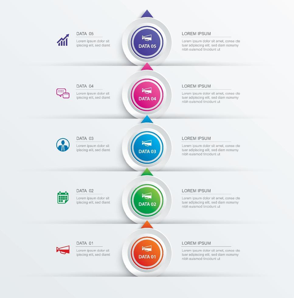 Infográfico de etapa de 5 círculos com modelo de cronograma abstrato. apresentação passo negócios moderno fundo. vetor