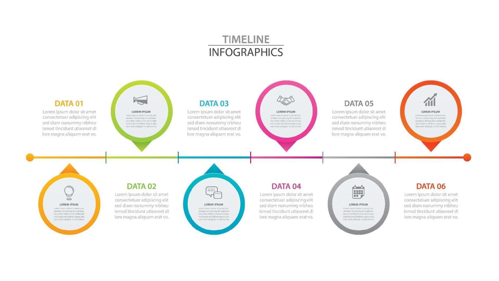 papel de círculo de cronograma de infográficos com modelo horizontal de 6 dados. ilustração vetorial fundo abstrato. pode ser usado para layout de fluxo de trabalho, etapa de negócios, brochura, folhetos, banner, web design. vetor