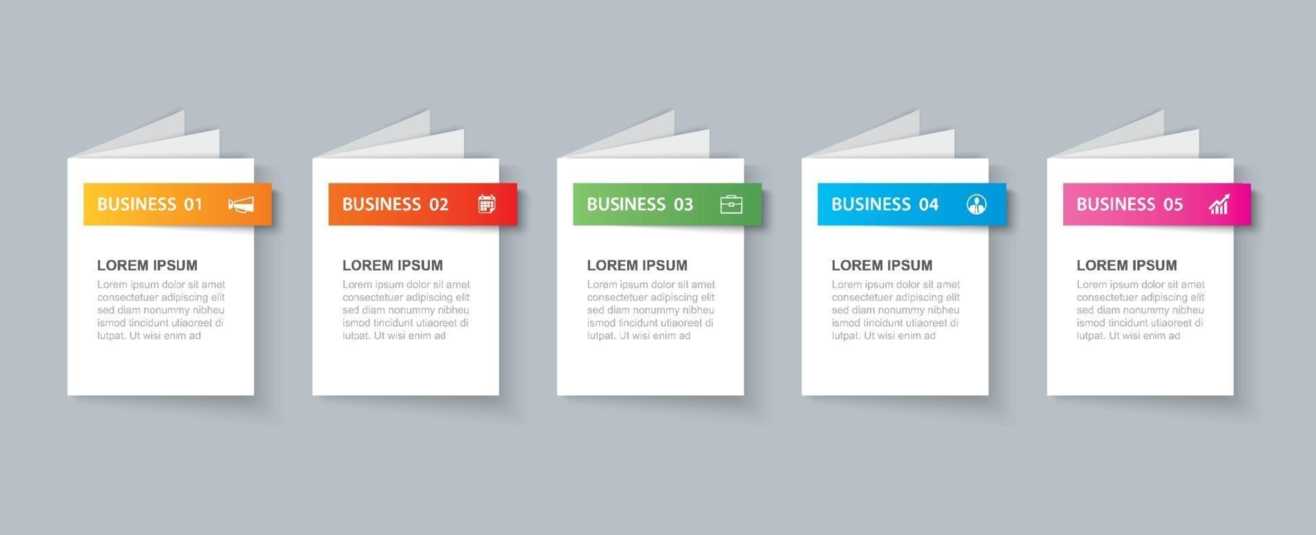 modelo de livro de infográficos de negócios com 5 dados. pode ser usado para layout de fluxo de trabalho, diagrama, opções numéricas, web design, apresentações vetor