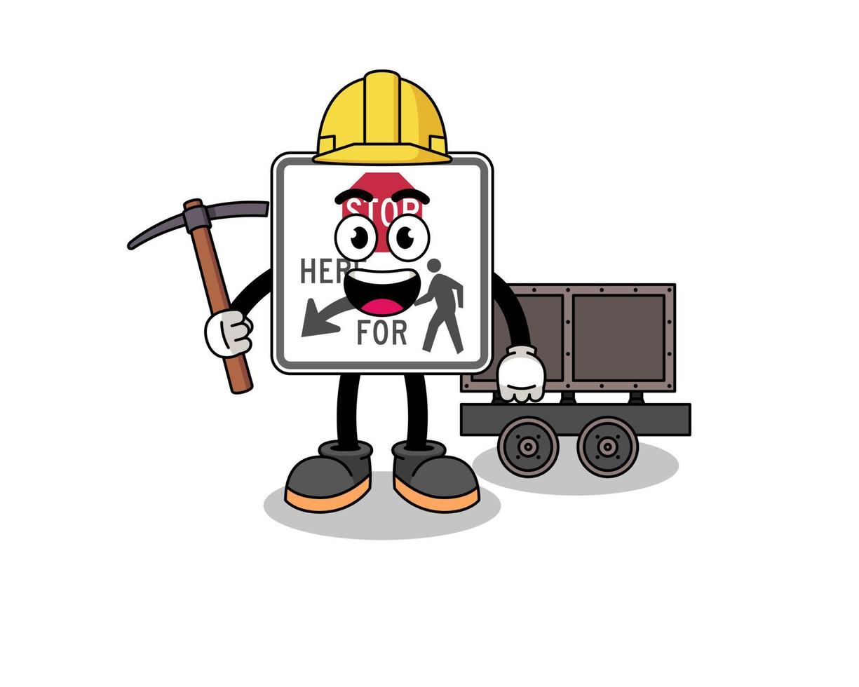 mascote ilustração do Pare aqui para pedestres mineiro vetor