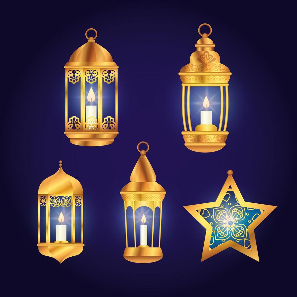 conjunto de lanternas com decoração de estrela de eid mubarak vetor