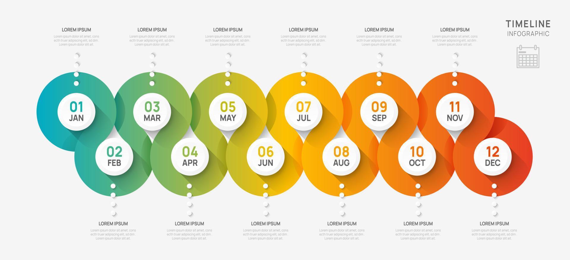 infográfico Linha do tempo apresentação para 1 ano, 12 meses. elementos diagrama modelo para negócios. passos roteiro com círculo tópicos, plano vetor infográficos, fluxo gráficos.