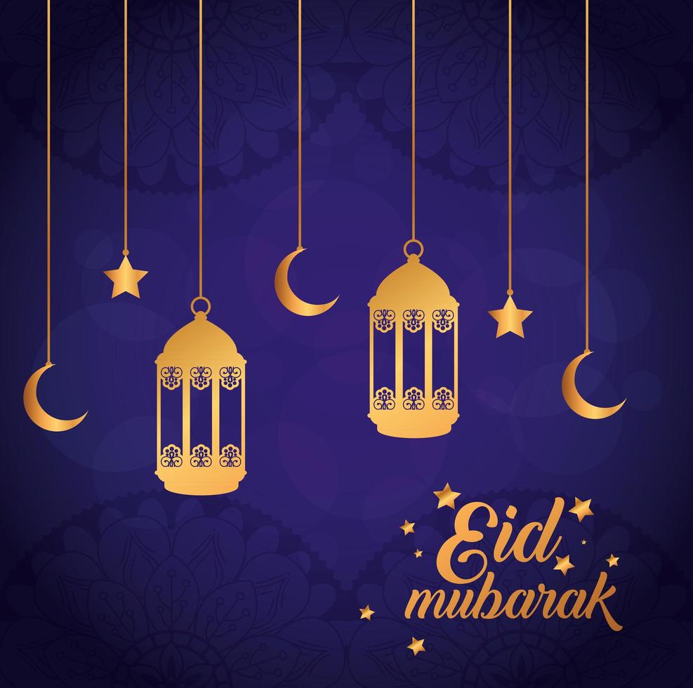 Pôster eid mubarak com lanternas e decoração pendurada vetor