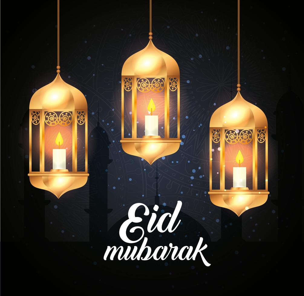 Pôster eid mubarak com lanternas penduradas e decoração vetor