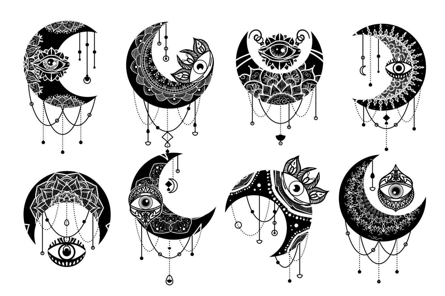 conjunto de ícones lineares de símbolo de contorno de lua crescente vetor