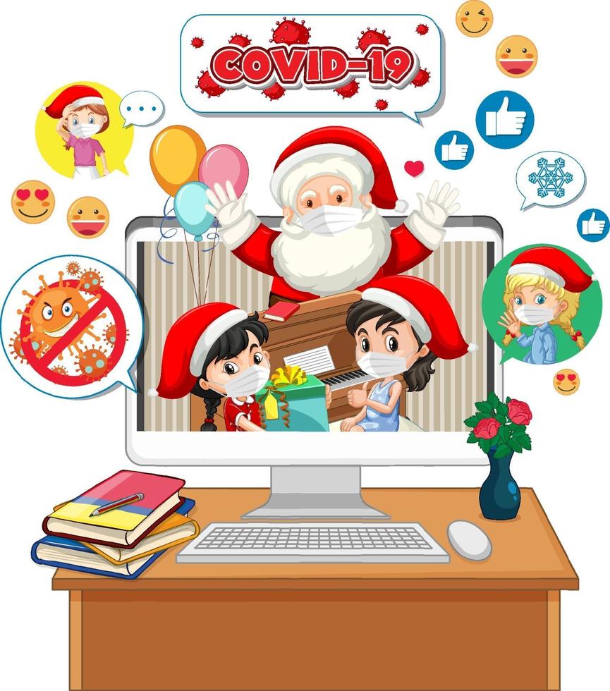 papai noel na tela do computador com ícone de mídia social vetor