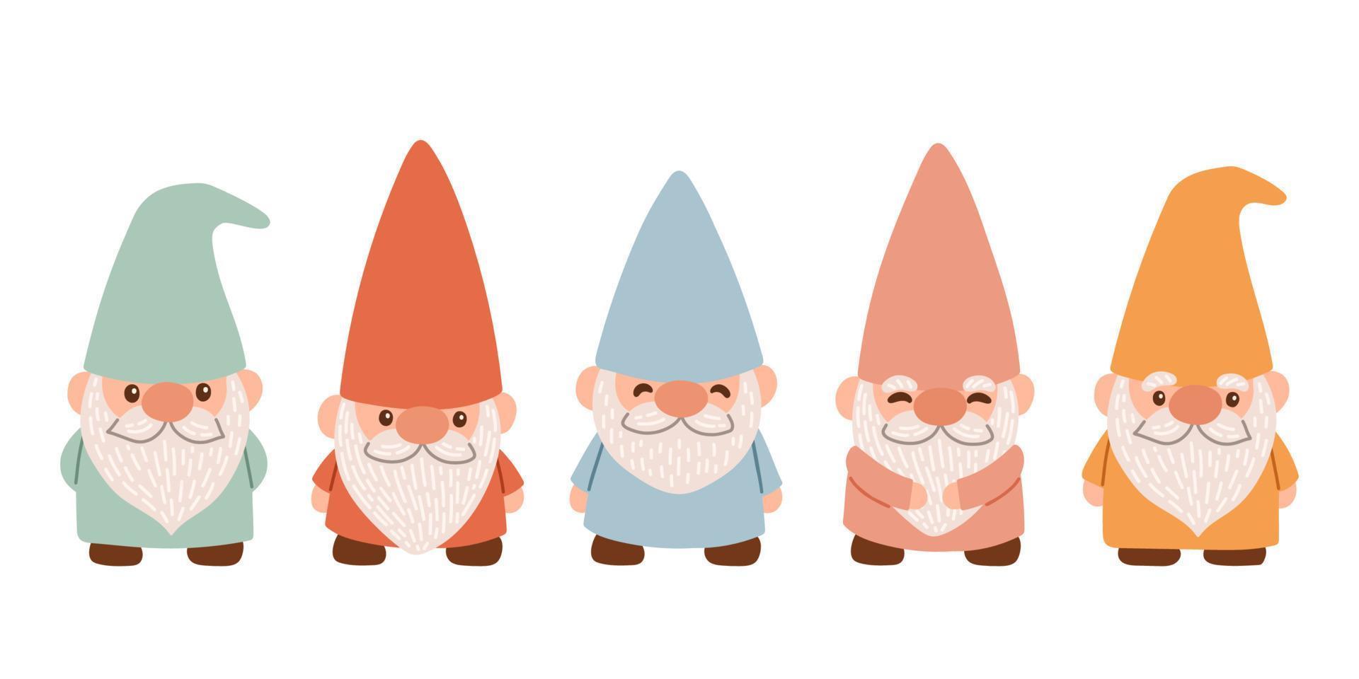 conjunto do fofa jardim gnomos. isolado em uma branco fundo. plano desenho animado vetor ilustração eps10.