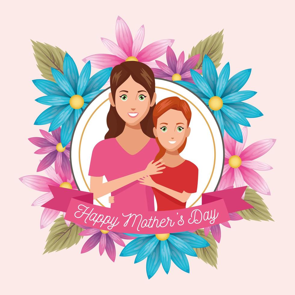 linda mãe com filha e cartão de dia das mães com moldura floral vetor