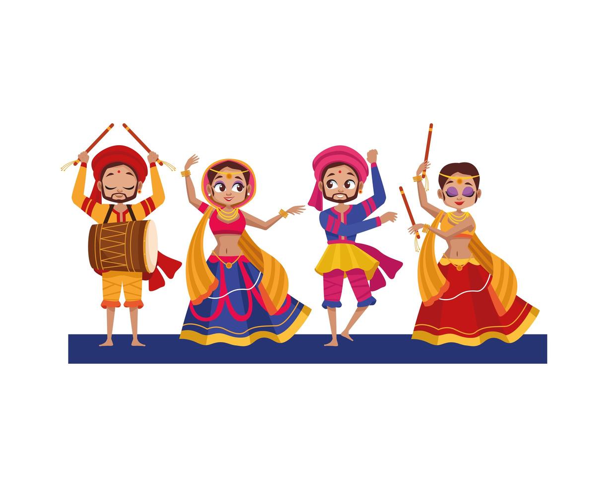 mulheres e homens dançando diwali com design de vetor de roupas tradicionais