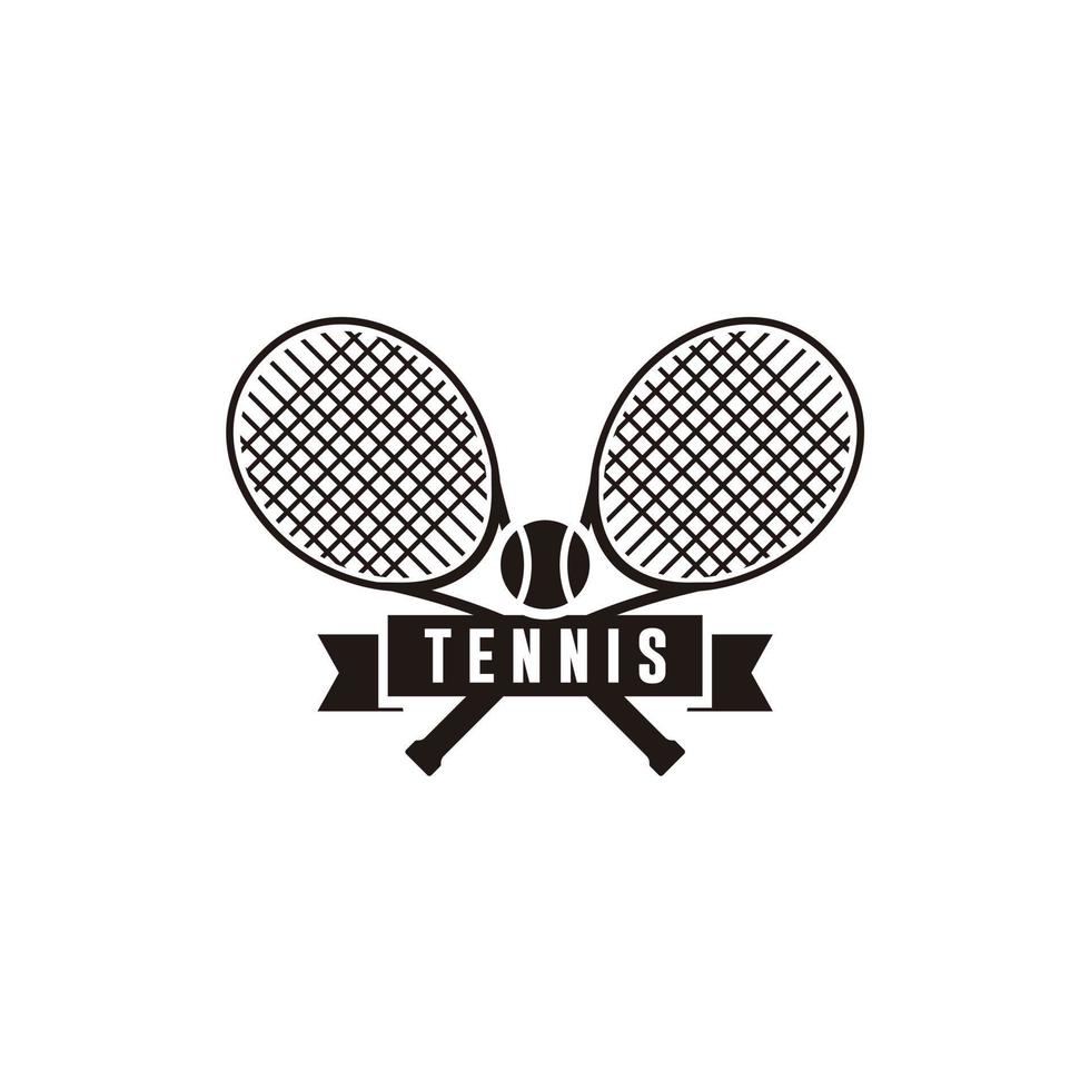 ícone de design de logotipo minimalista de tênis. raquetes de tênis pretas cruzadas com uma bola vetor