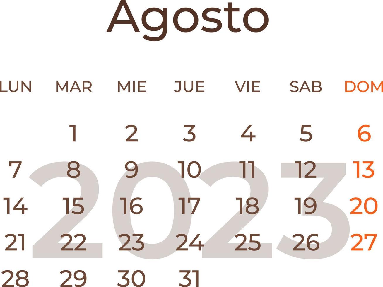 calendário mês agosto dentro espanhol ano 2023. vetor