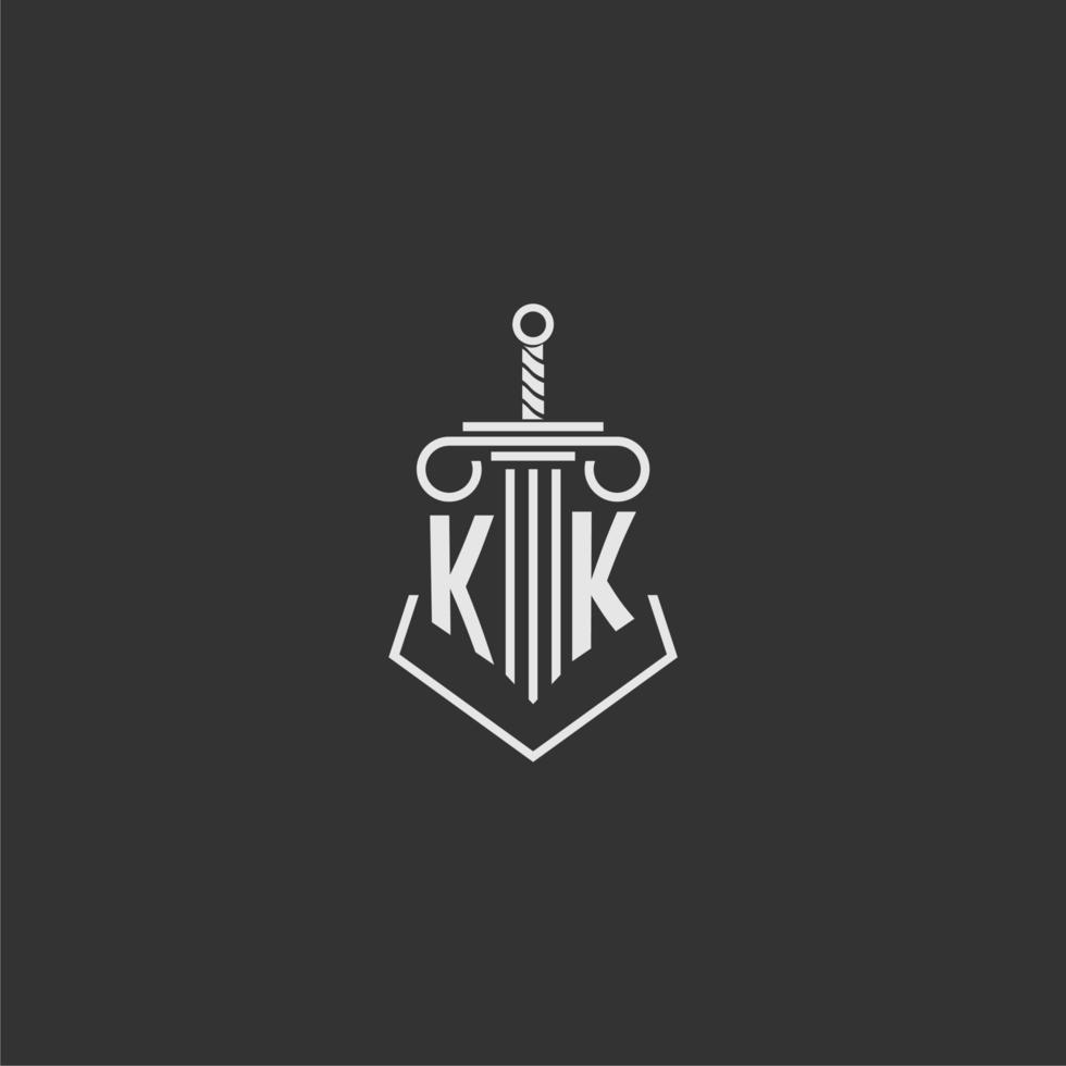 kk inicial monograma lei empresa com espada e pilar logotipo Projeto vetor