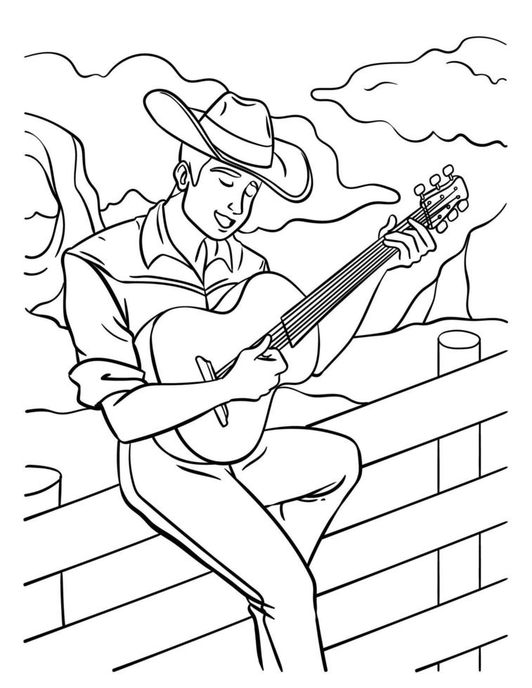 vaqueiro jogando guitarra coloração página para crianças vetor