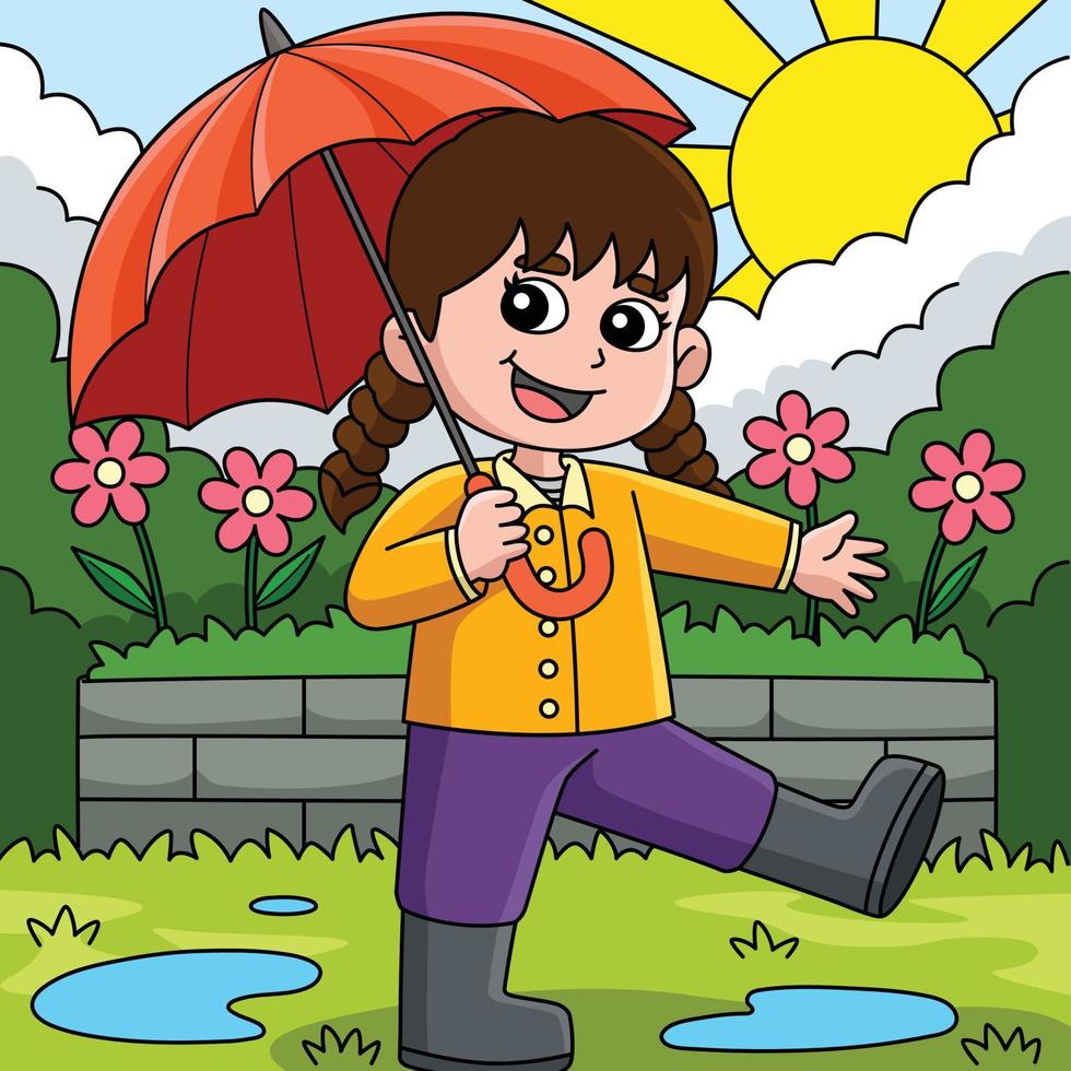 Primavera menina segurando a guarda-chuva colori desenho animado vetor
