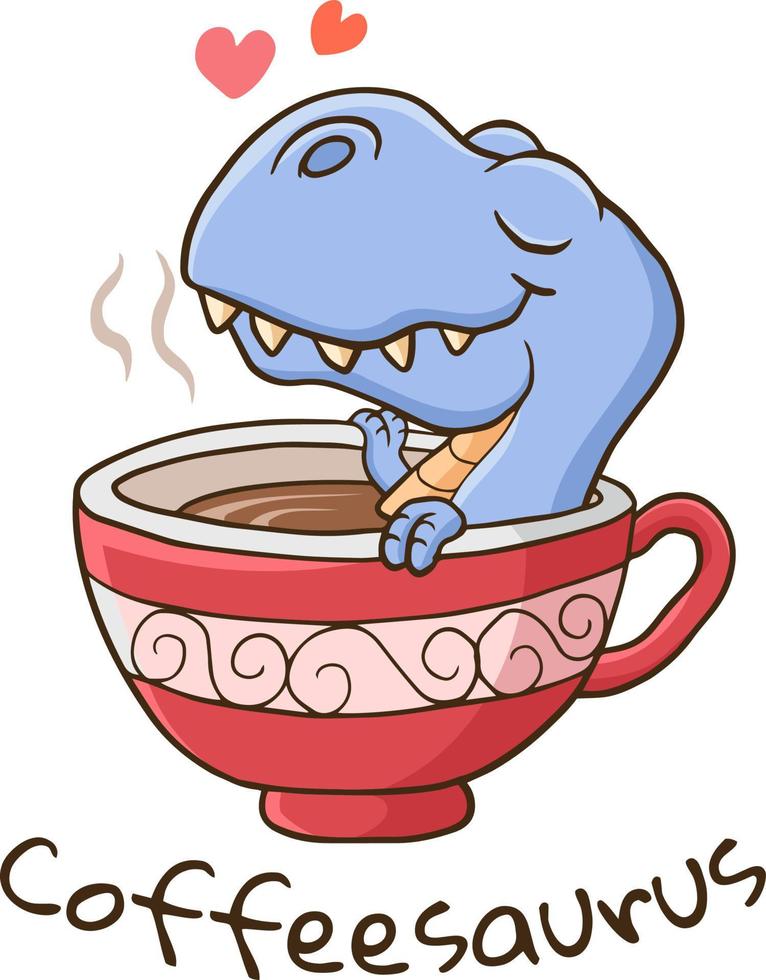 fofa desenho animado dinossauro deitado dentro a copo do café vetor