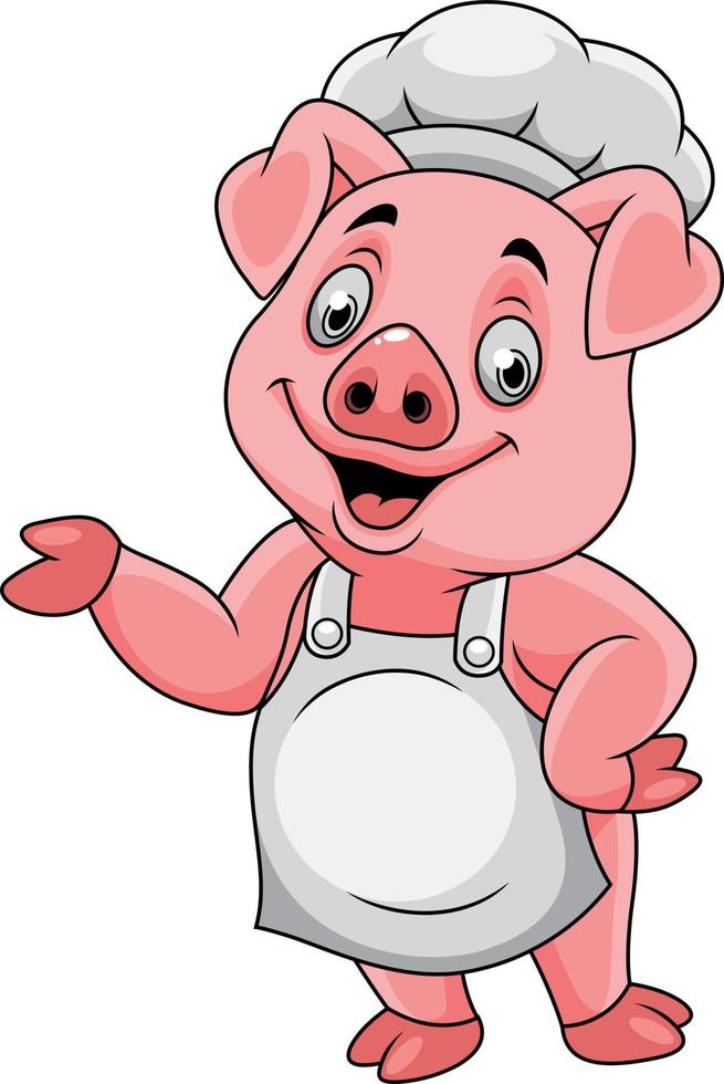 desenho animado feliz porco chefe de cozinha apresentando vetor