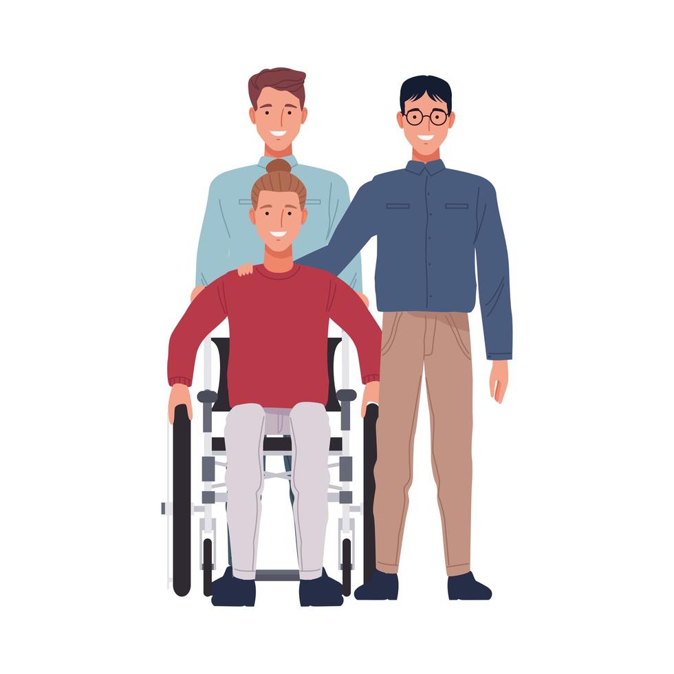 nerd com personagens de homem magro e homem em cadeira de rodas vetor