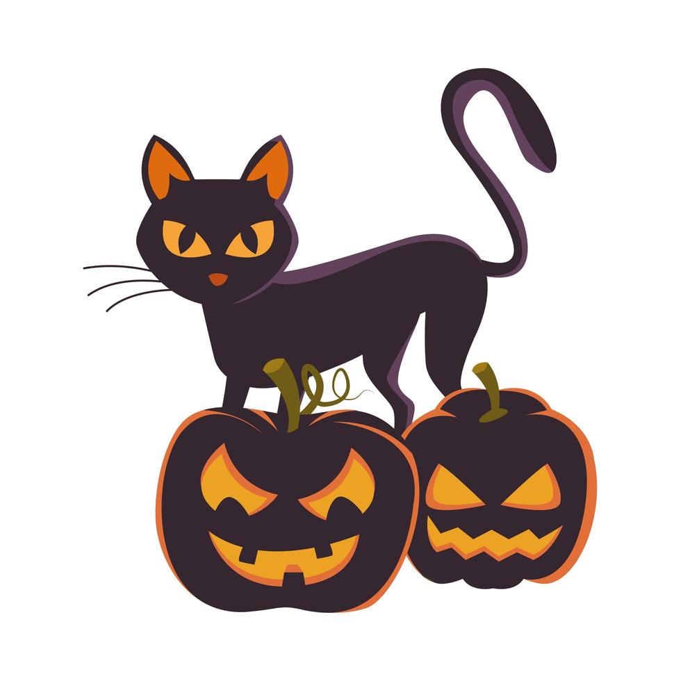 abóboras de halloween com rostos e gato vetor