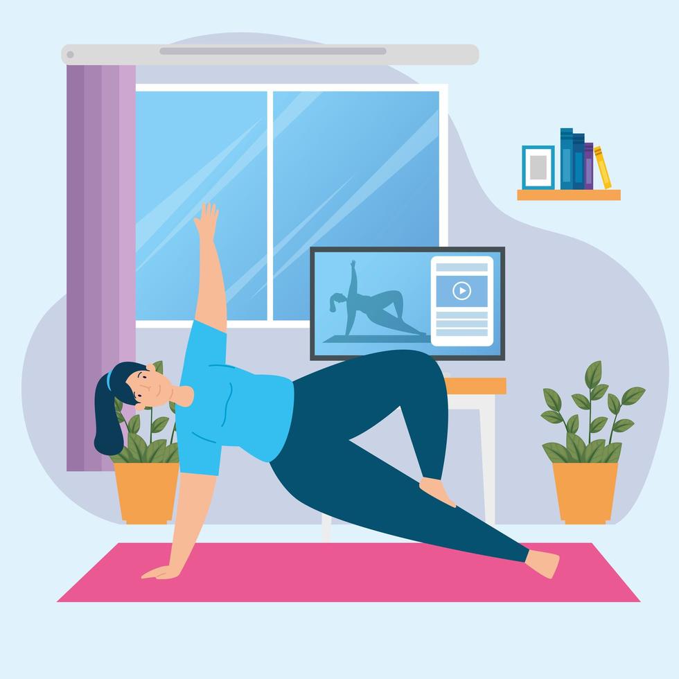 mulher praticando ioga online na sala de estar vetor