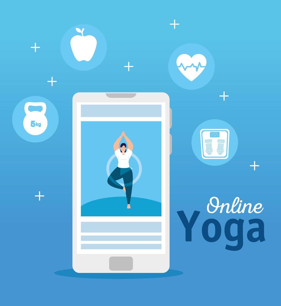 mulher praticando ioga tecnologia online vetor