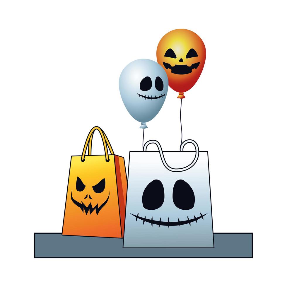 balões de hélio de halloween flutuando com sacolas de compras vetor