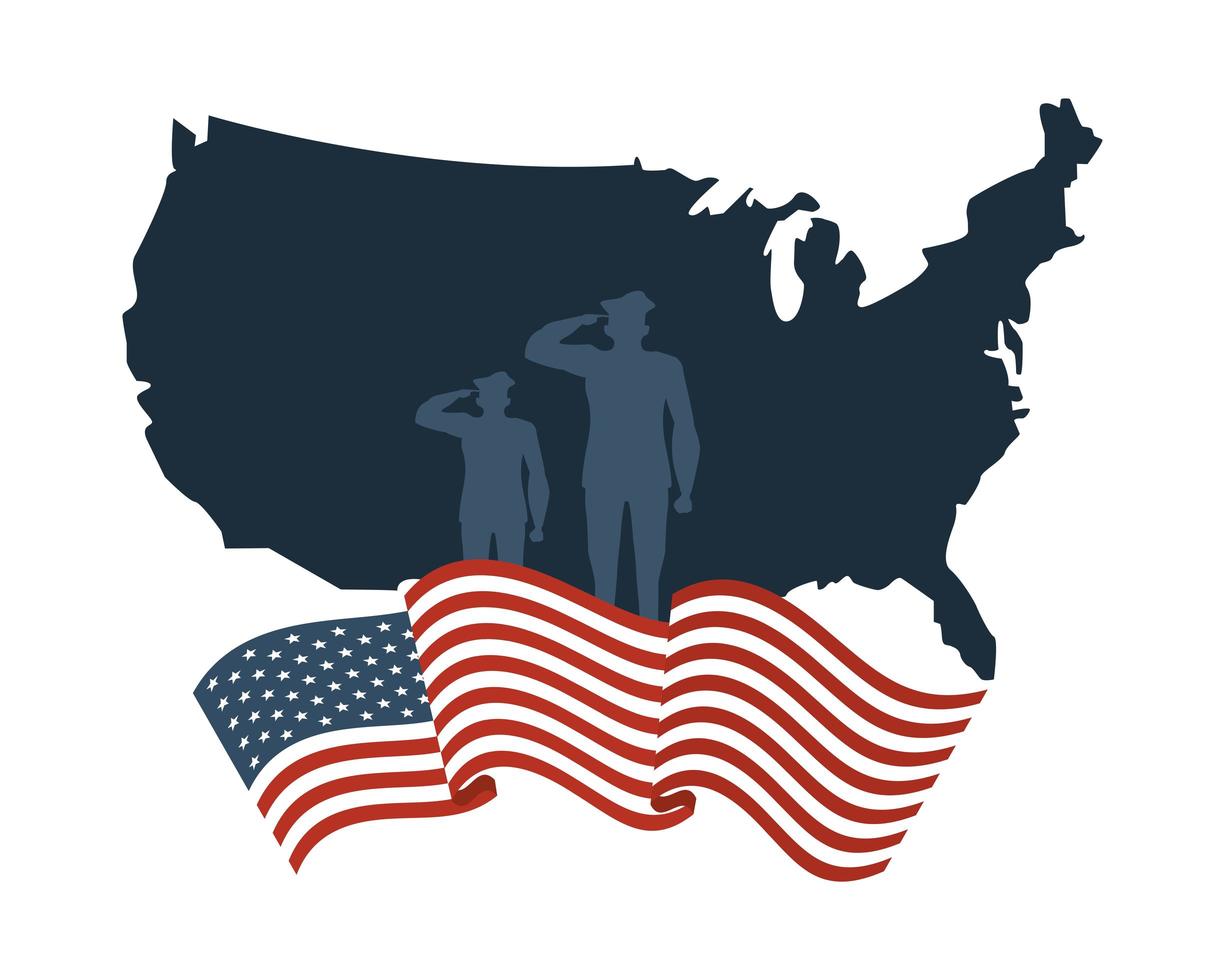 silhuetas de soldados no mapa e bandeira dos estados unidos da américa vetor