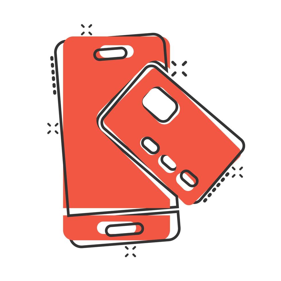 smartphone pagando ícone em estilo cômico. ilustração em vetor desenhos animados de cartão de crédito nfc em fundo branco isolado. conceito de negócio de efeito de respingo bancário.