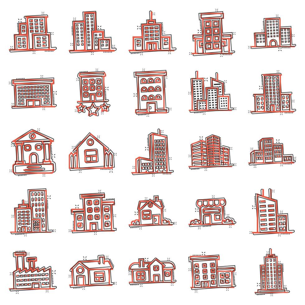 ícone de construção definido em estilo cômico. cidade arranha-céu apartamento cartoon ilustração vetorial no fundo branco isolado. conceito de negócio de efeito de respingo de torre de cidade. vetor