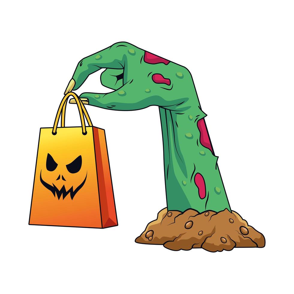 mão de zumbi com ícone de sacola de compras de halloween vetor