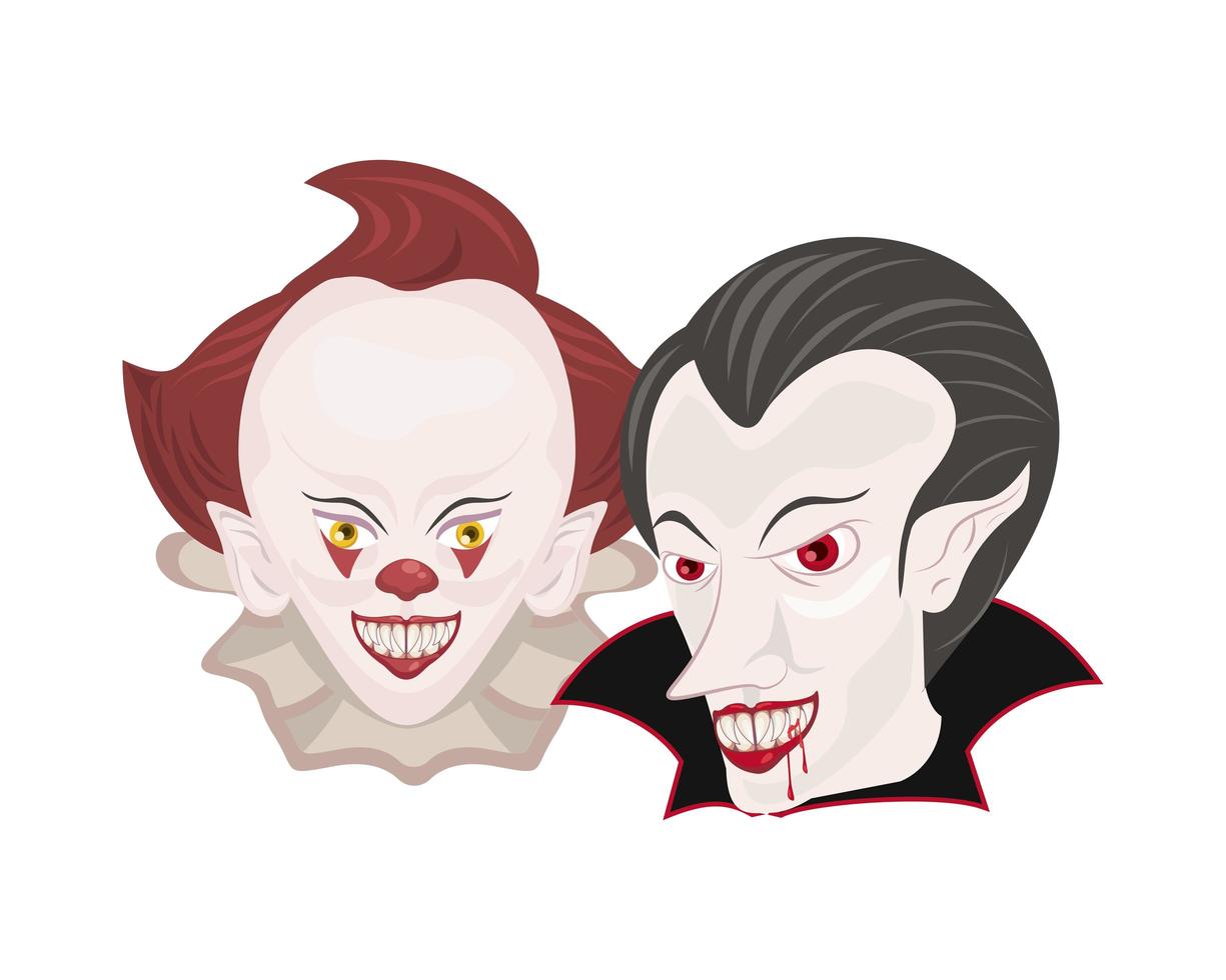 Dark evil clown e dracula heads personagens de halloween vetor