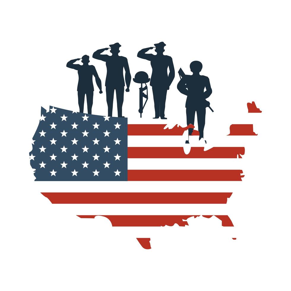 silhuetas de soldados no mapa com a bandeira dos estados unidos da américa vetor