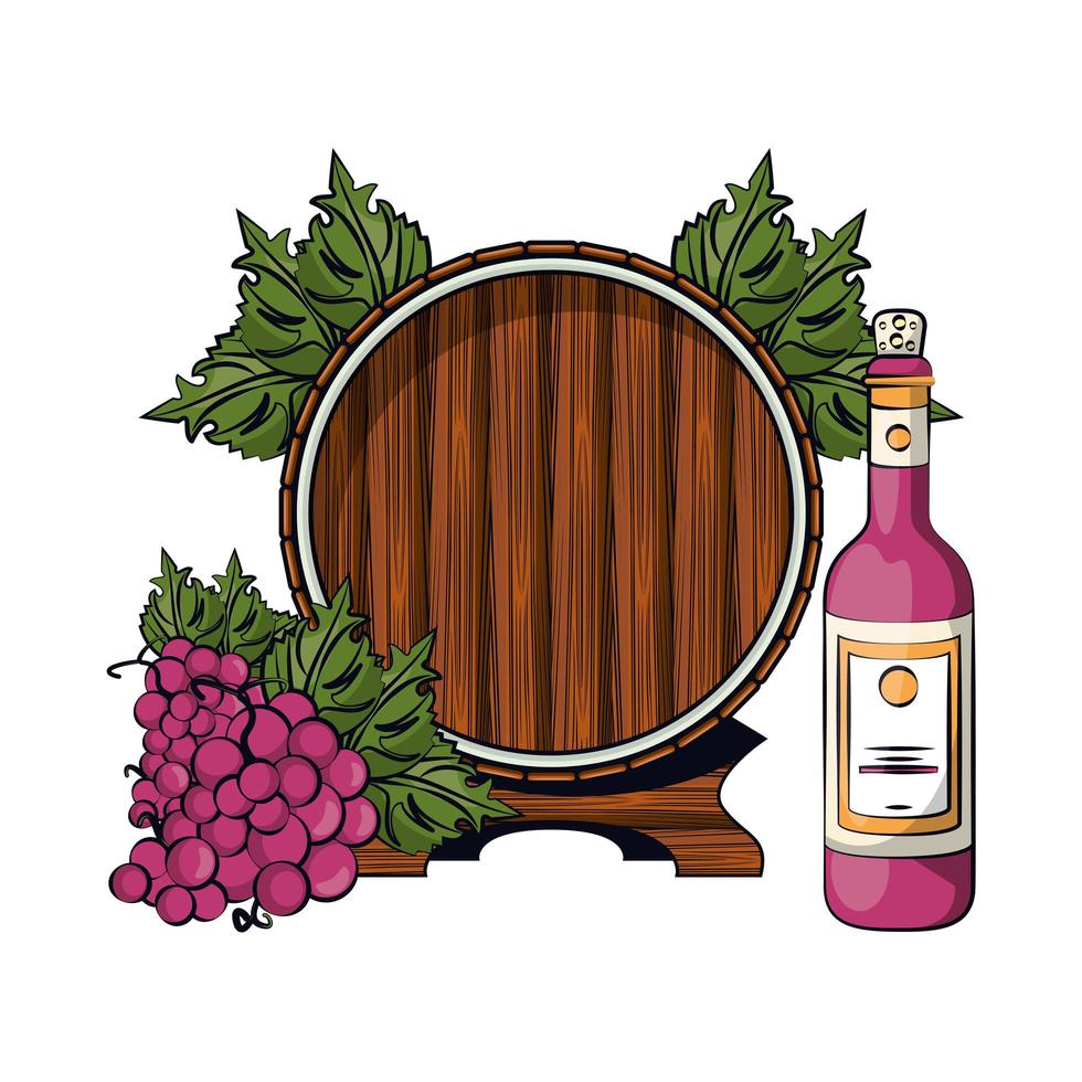 garrafa de vinho com uvas e barril vetor