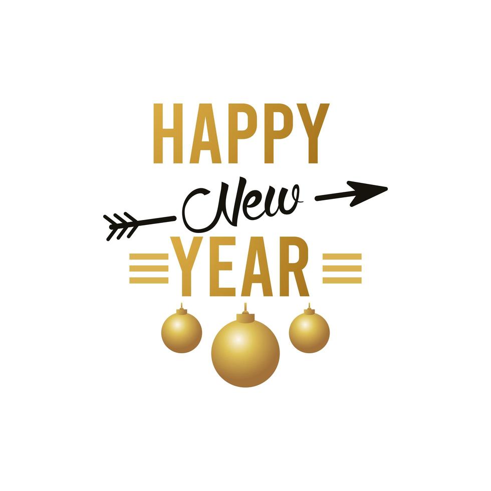 cartão de feliz ano novo letras com bolas douradas penduradas e flecha vetor