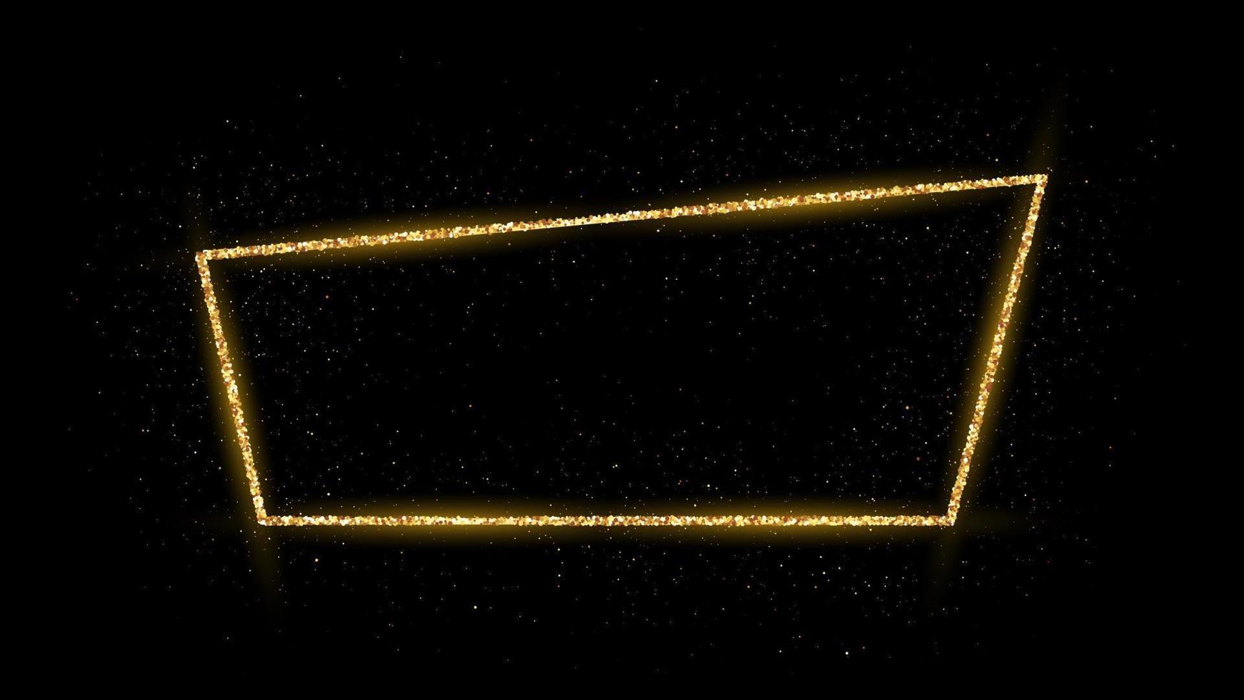 moldura dourada com glitter, brilhos e chamas em fundo escuro. cenário de luxo vazio. ilustração vetorial. vetor