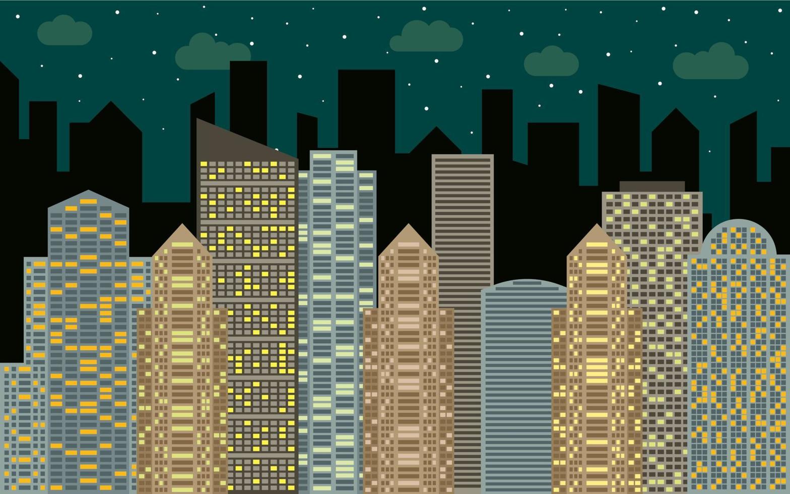 paisagem urbana noturna. vista de rua com paisagem urbana, arranha-céus e edifícios modernos em dia ensolarado. espaço da cidade no conceito de fundo de estilo simples. vetor