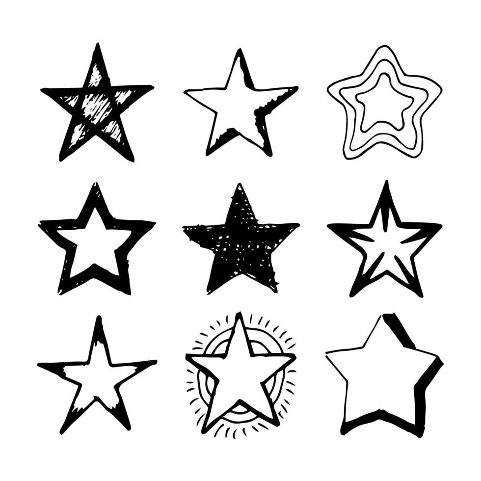 rabiscar estrelas. conjunto de nove estrelas desenhadas à mão negra isoladas no fundo branco. ilustração vetorial vetor