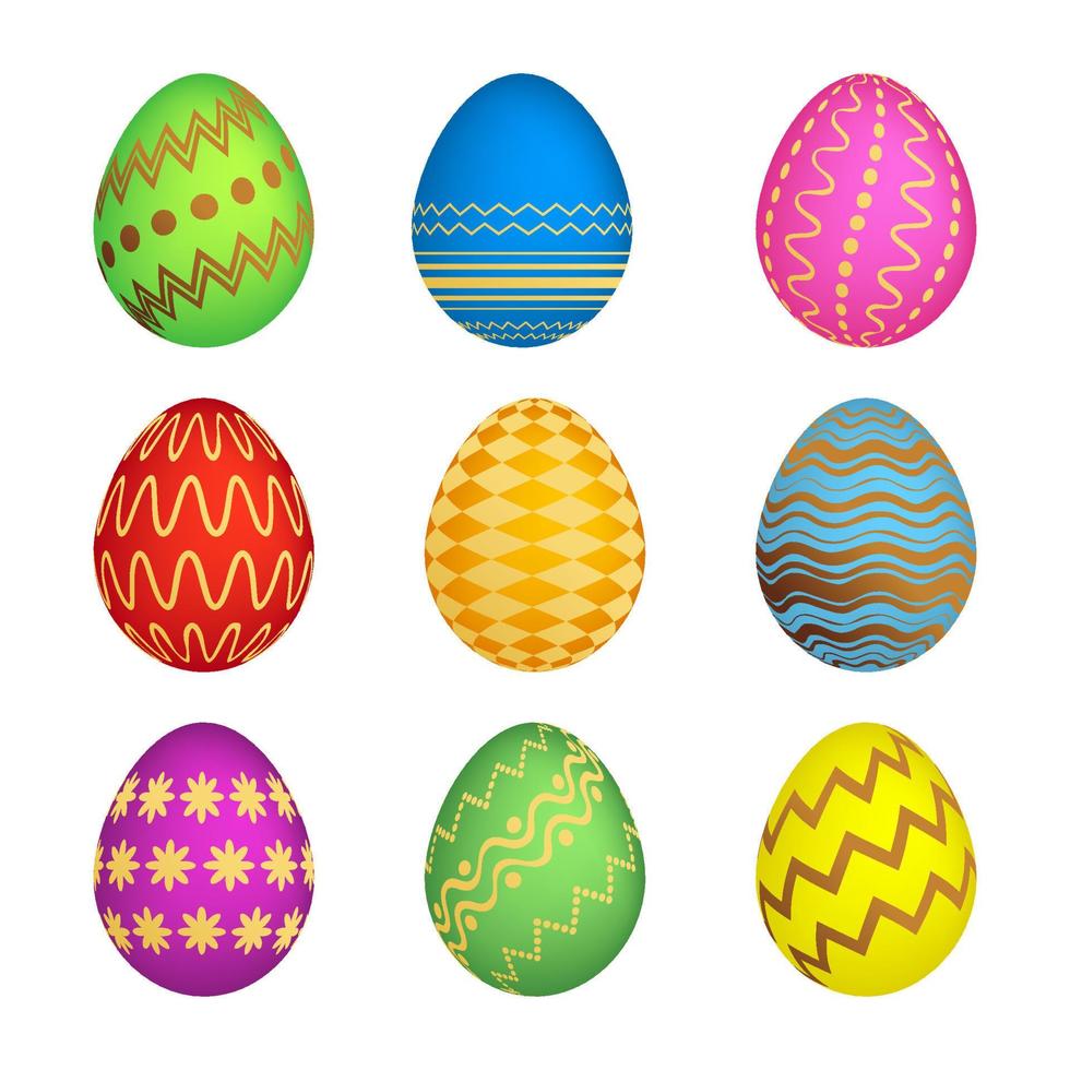 conjunto de nove ovos de páscoa com textura colorida diferente em um fundo branco. ilustração vetorial vetor