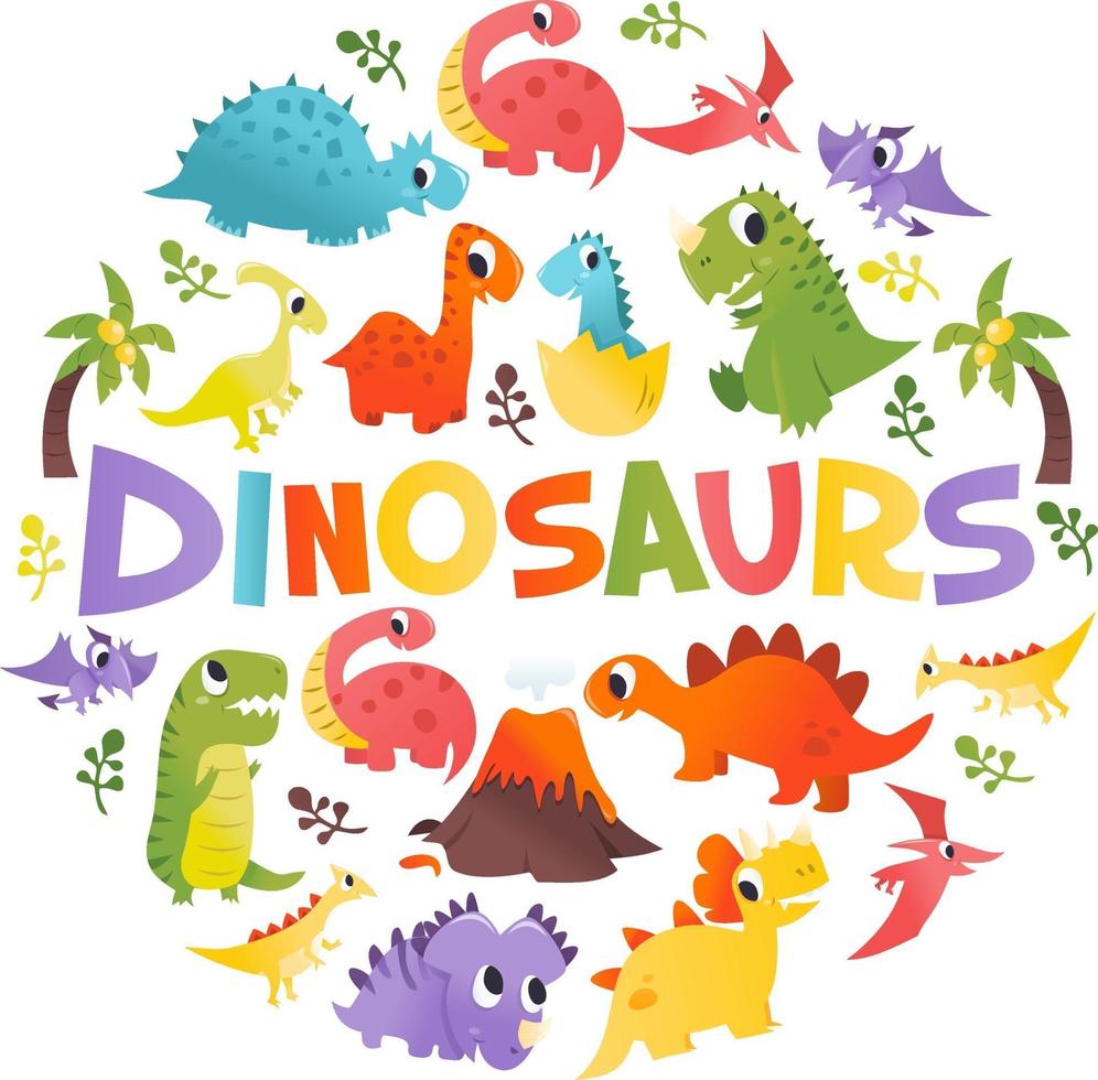 Desenhos redondos de dinossauros super fofos vetor