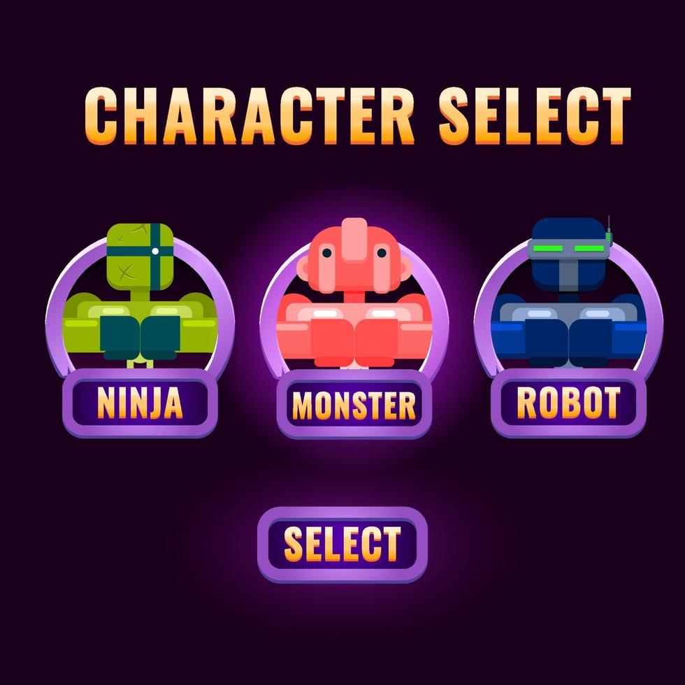 A seleção de personagens da interface do usuário do jogo roxo arredondado aparece para ilustração do vetor interface 2d gui
