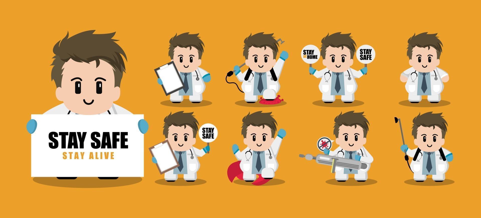 conjunto de personagens de desenho animado de médico fofo vetor