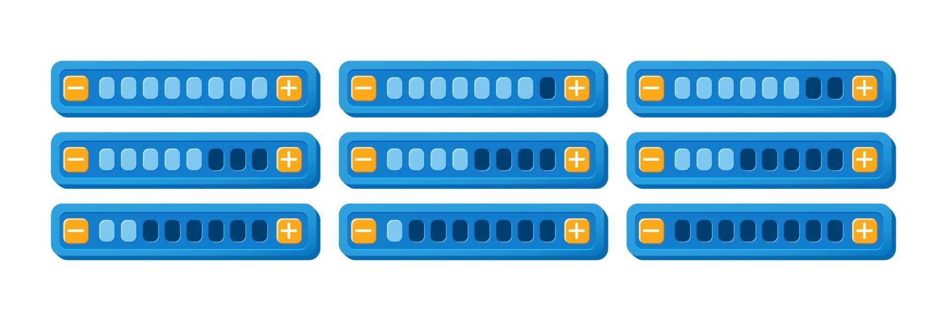 conjunto de painel de barra de progresso de interface do usuário do jogo roxo engraçado com botão de aumentar e diminuir para ilustração de vetor de elementos de recurso de interface