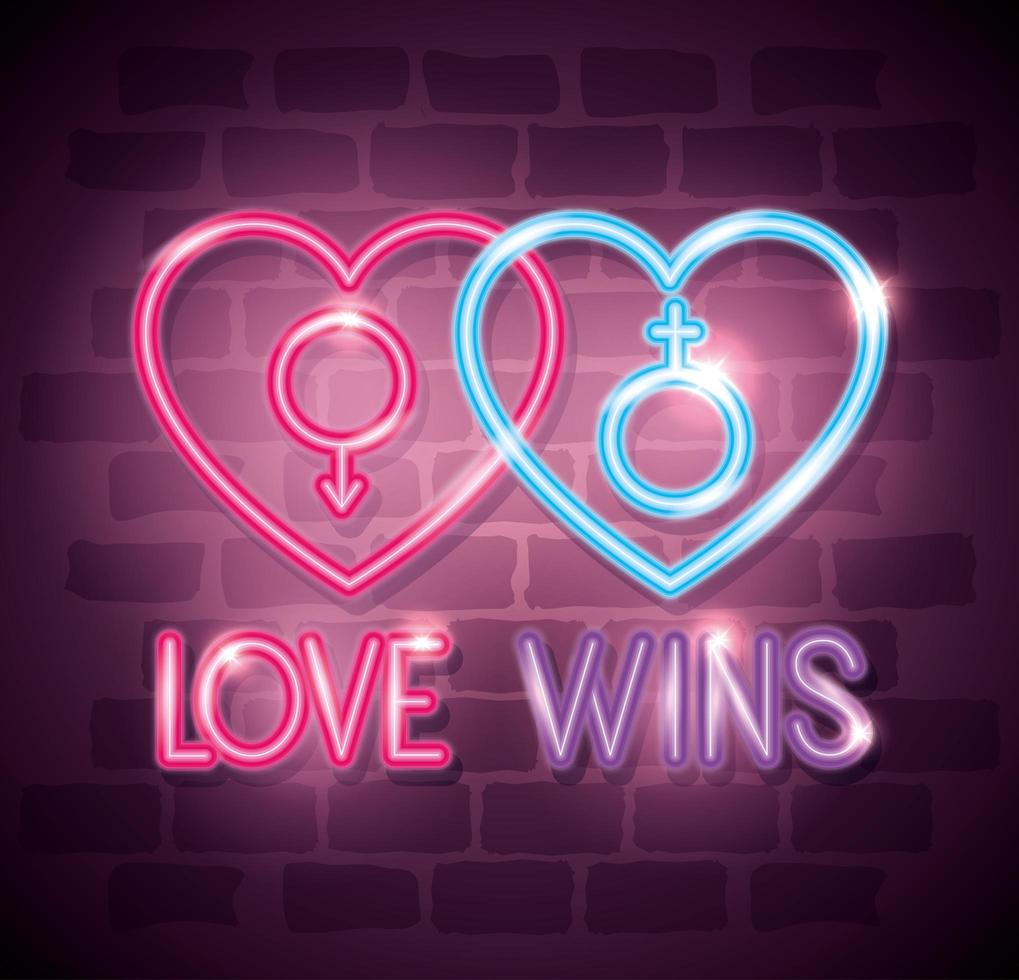 luz de néon do dia do orgulho com símbolos de gênero em corações vetor