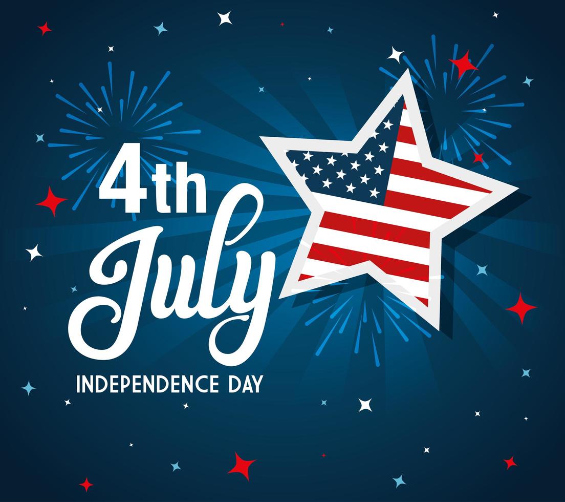 4 de julho feliz dia da independência com estrelas e bandeira dos EUA vetor